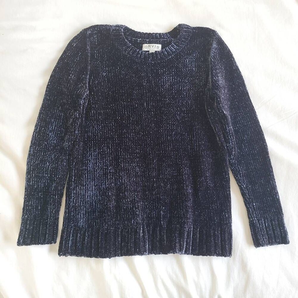 Orvis Pullover Sweater Womens Small Navy Blue‎ Chenille Long Sleeve Casual Wear
